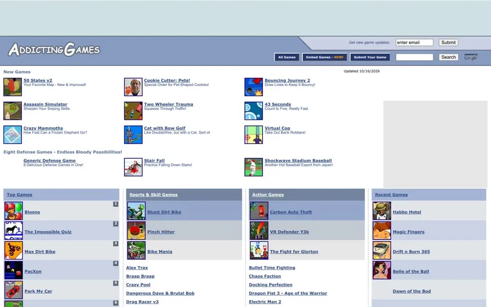 addictinggames.com homepage in 2007