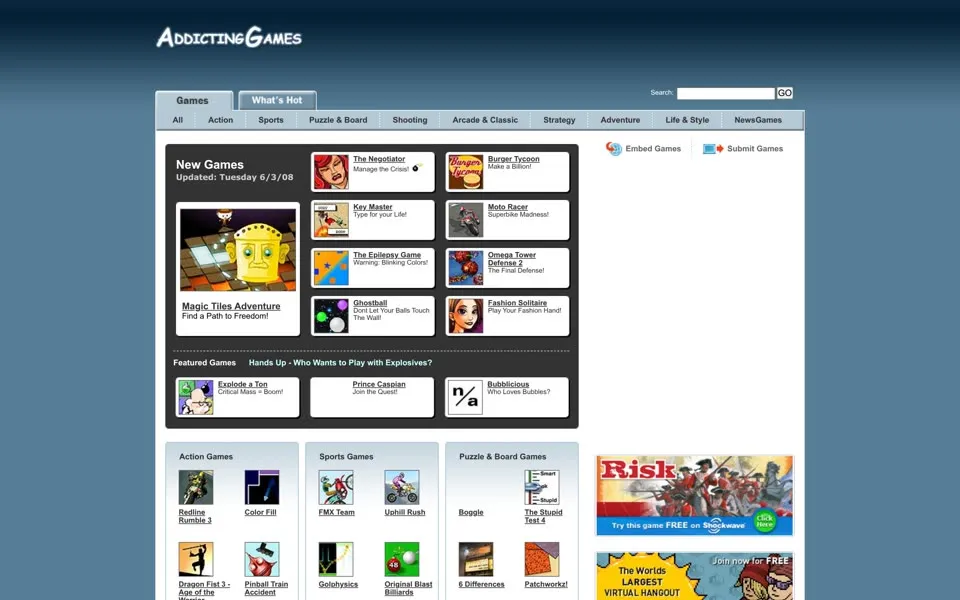 addictinggames.com homepage in 2008