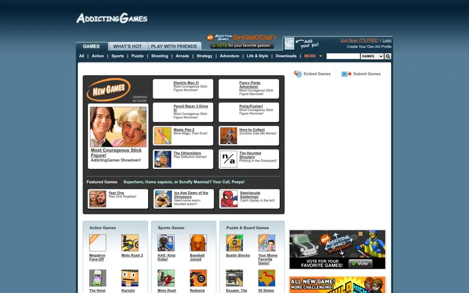 addictinggames.com homepage in 2009