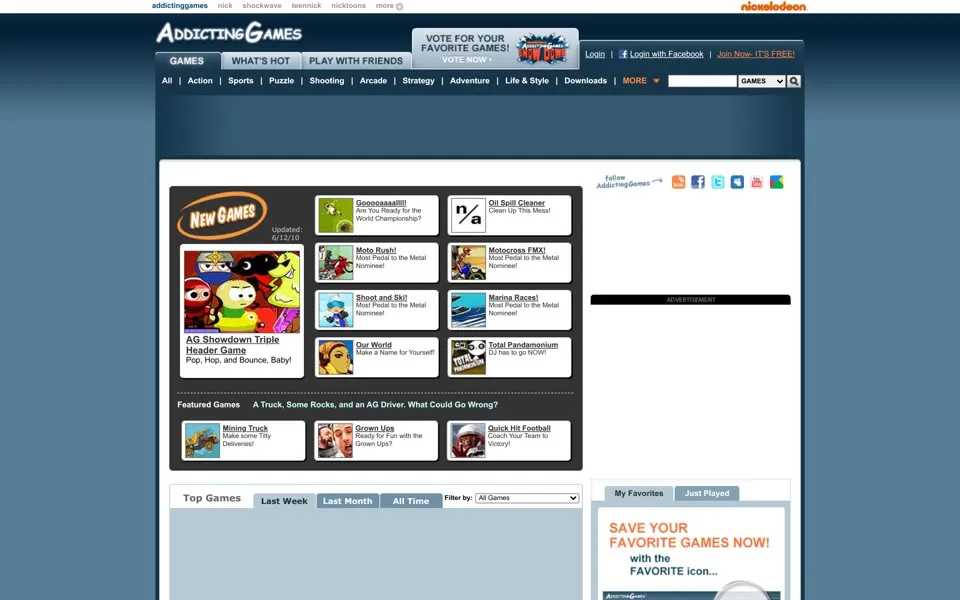 addictinggames.com homepage in 2010
