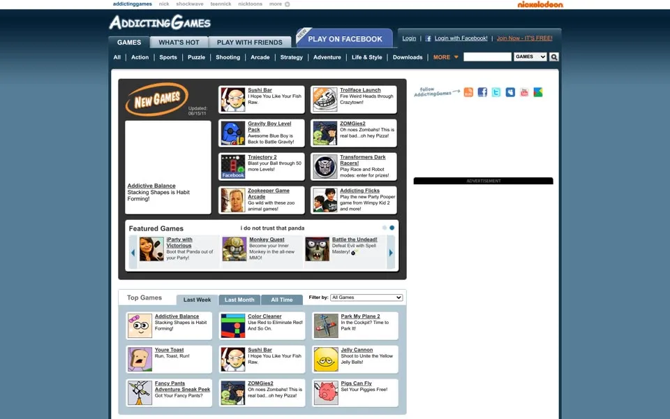addictinggames.com homepage in 2011