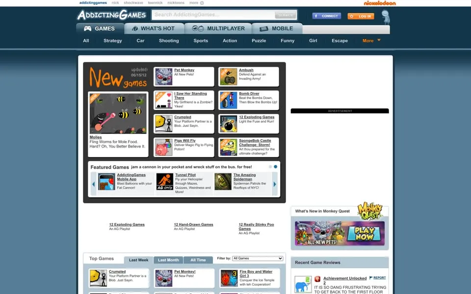 addictinggames.com homepage in 2012