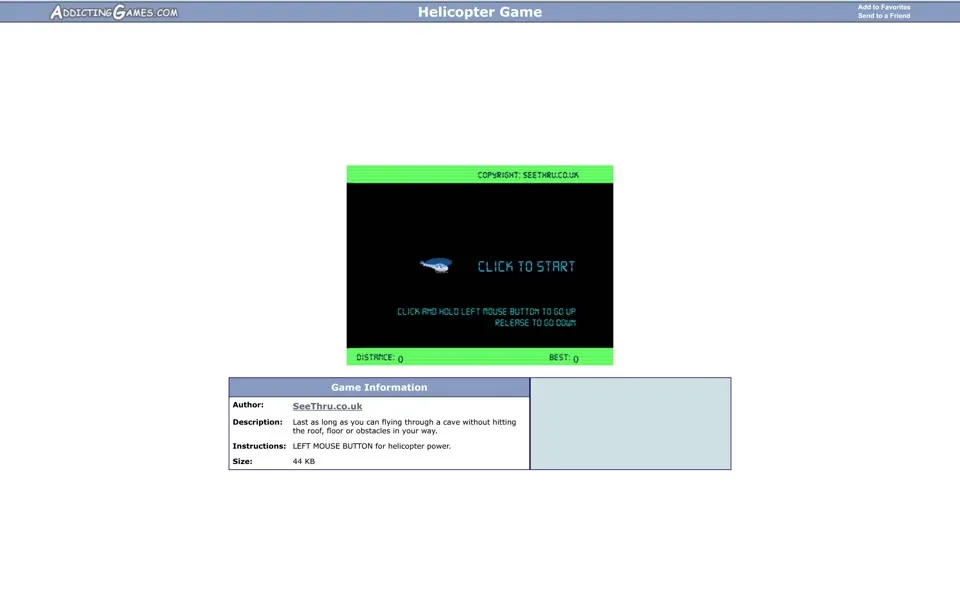 AddictingGames.com Helicopter Game page, January 1, 2006: the game’s CLICK TO START screen above a Game Information box with Size: 44 KB