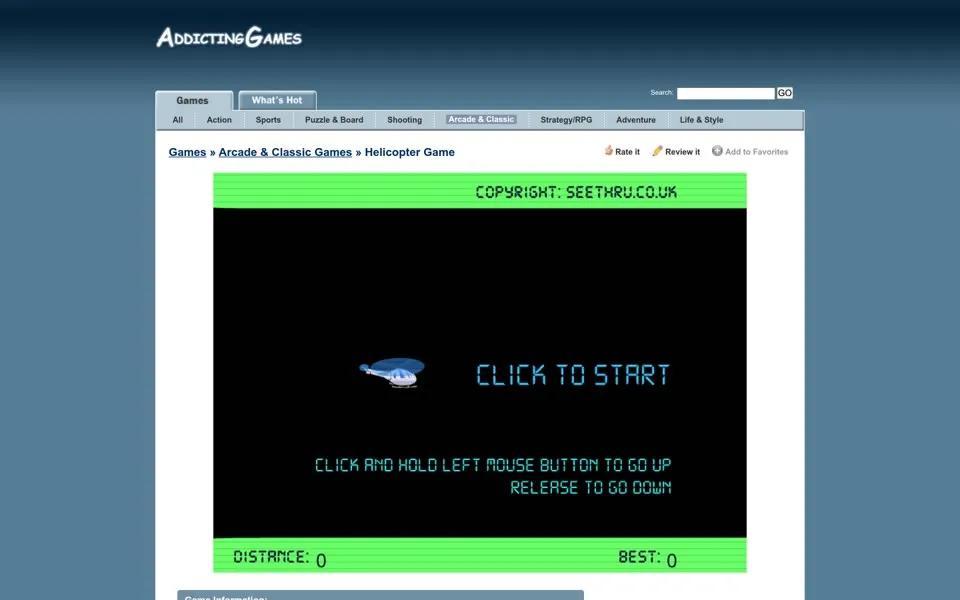 AddictingGames.com Helicopter Game page, January 2, 2009: the game’s CLICK TO START screen under Games » Arcade & Classic Games » Helicopter Game
