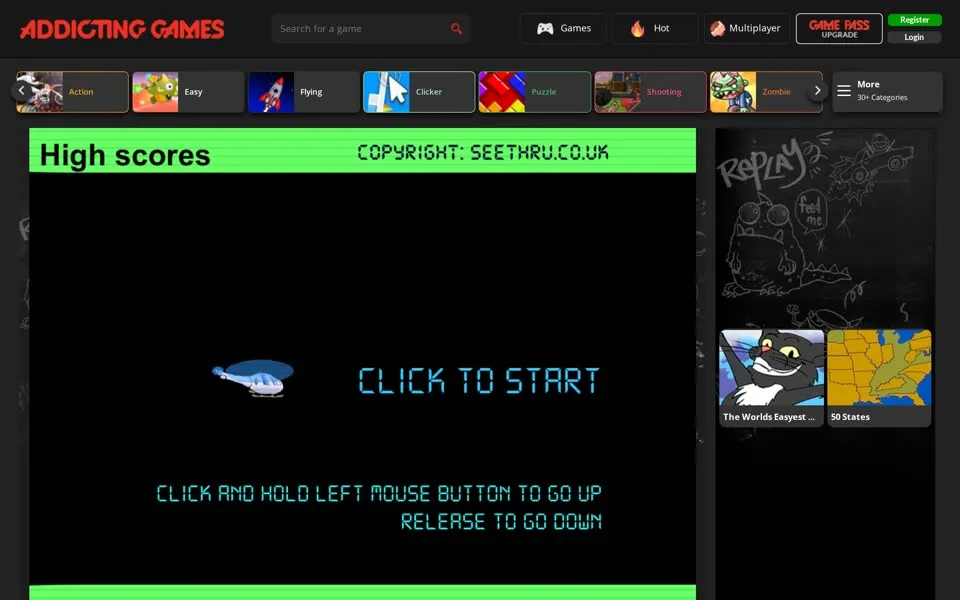 AddictingGames.com Helicopter Game page, April 27, 2020: the game’s High scores bar and CLICK TO START screen in the charcoal layout