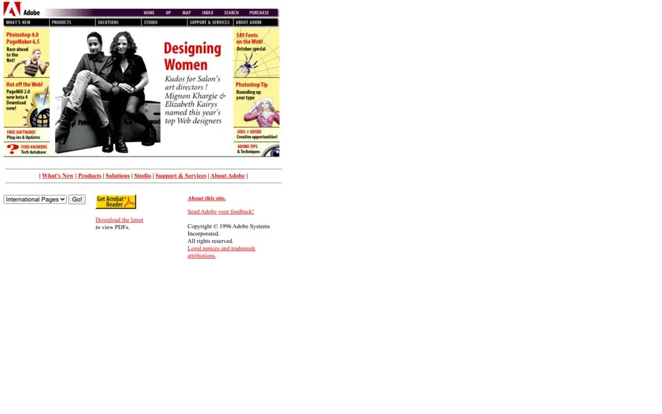 adobe.com homepage in 1996