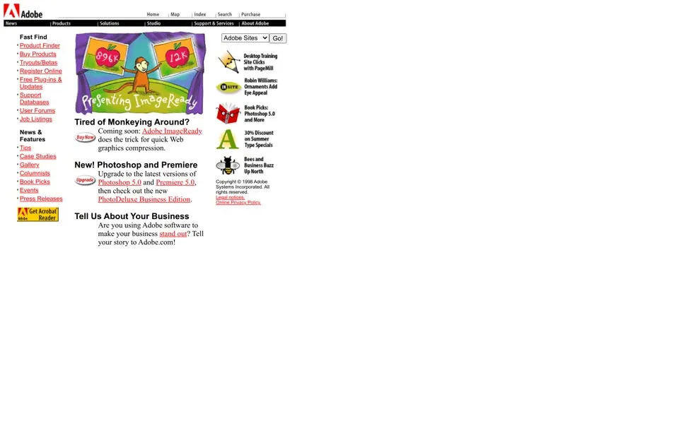 adobe.com homepage in 1998