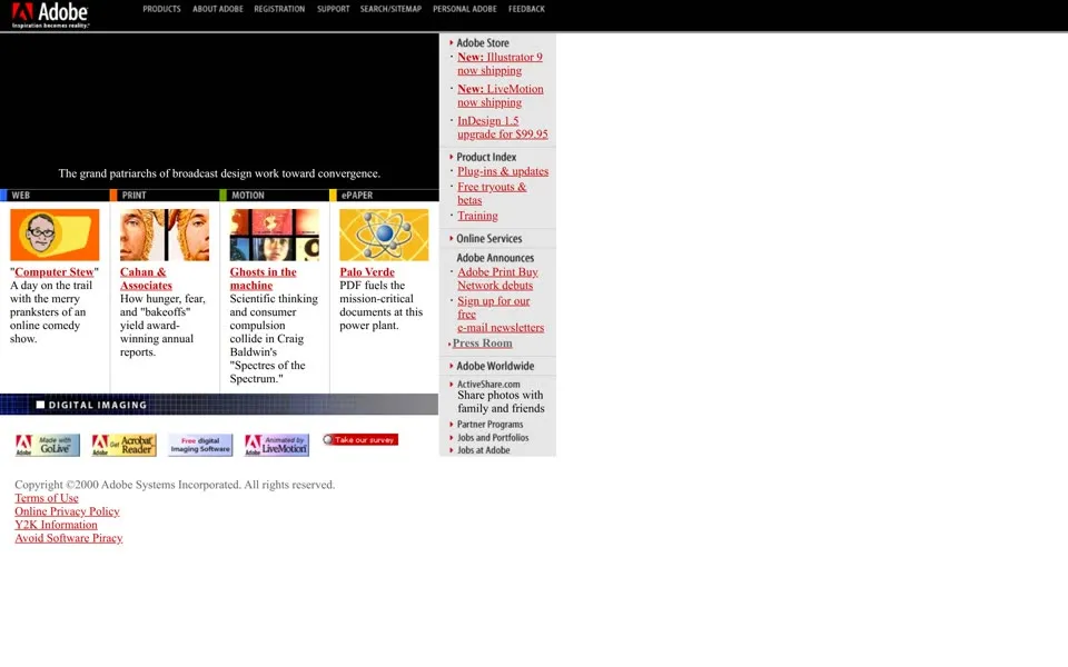 adobe.com homepage in 2000