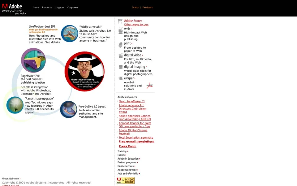 adobe.com homepage in 2001