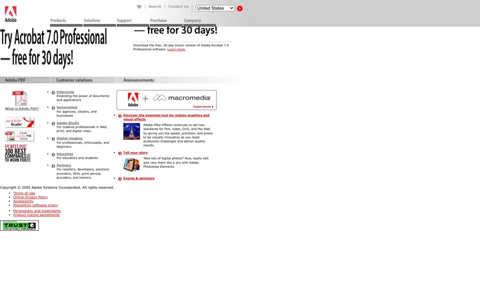 adobe.com homepage in 2005