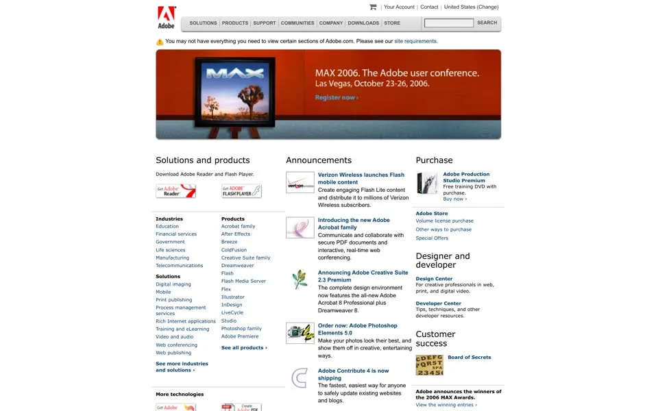 adobe.com homepage in 2006