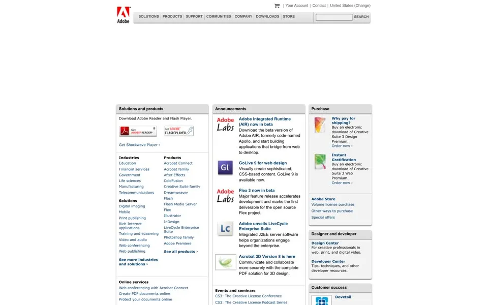 adobe.com homepage in 2007