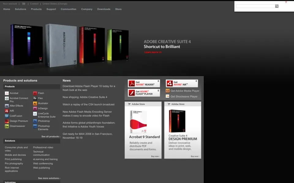 adobe.com homepage in 2008