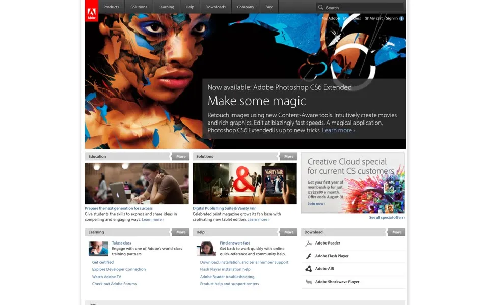 adobe.com homepage in 2012
