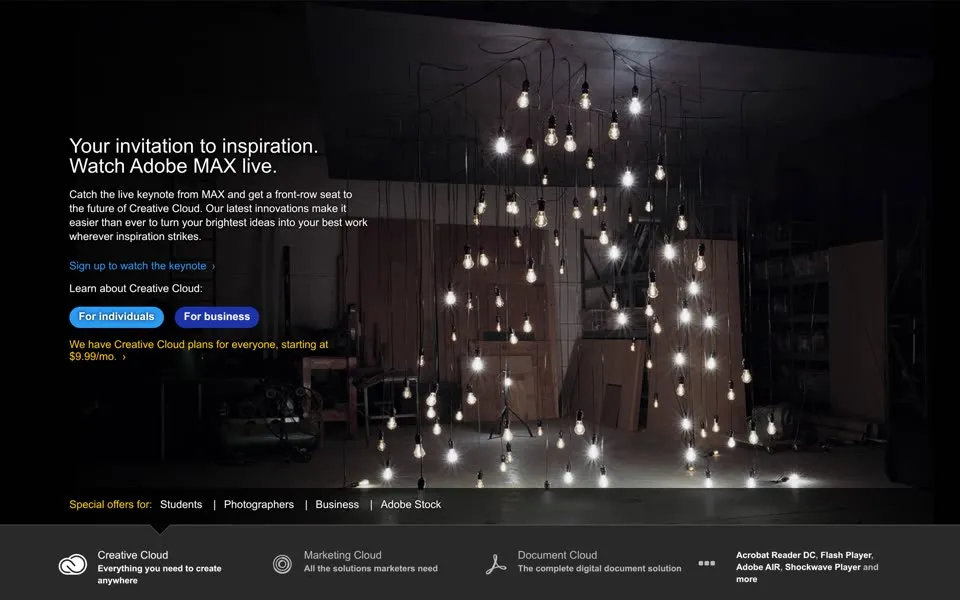 adobe.com homepage in 2016