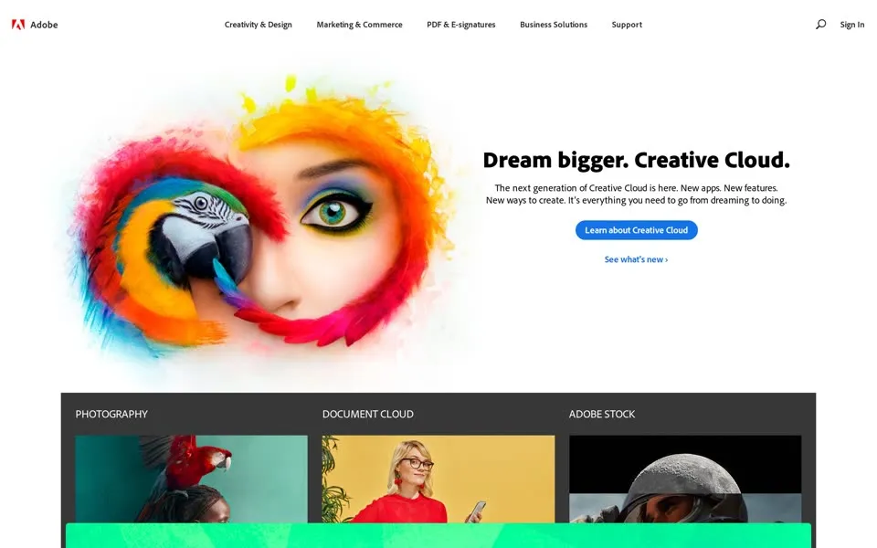 adobe.com homepage in 2019