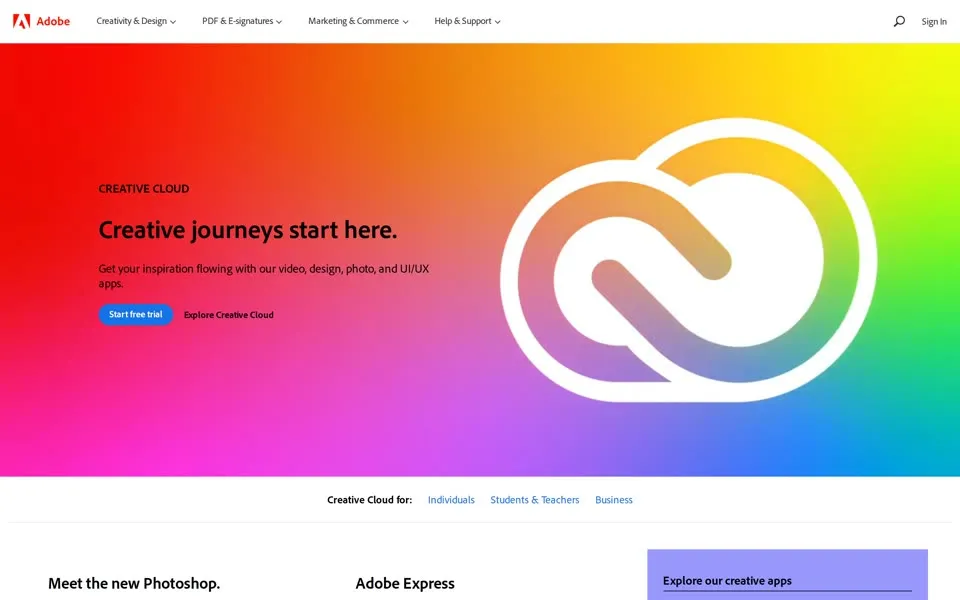 adobe.com homepage in 2022