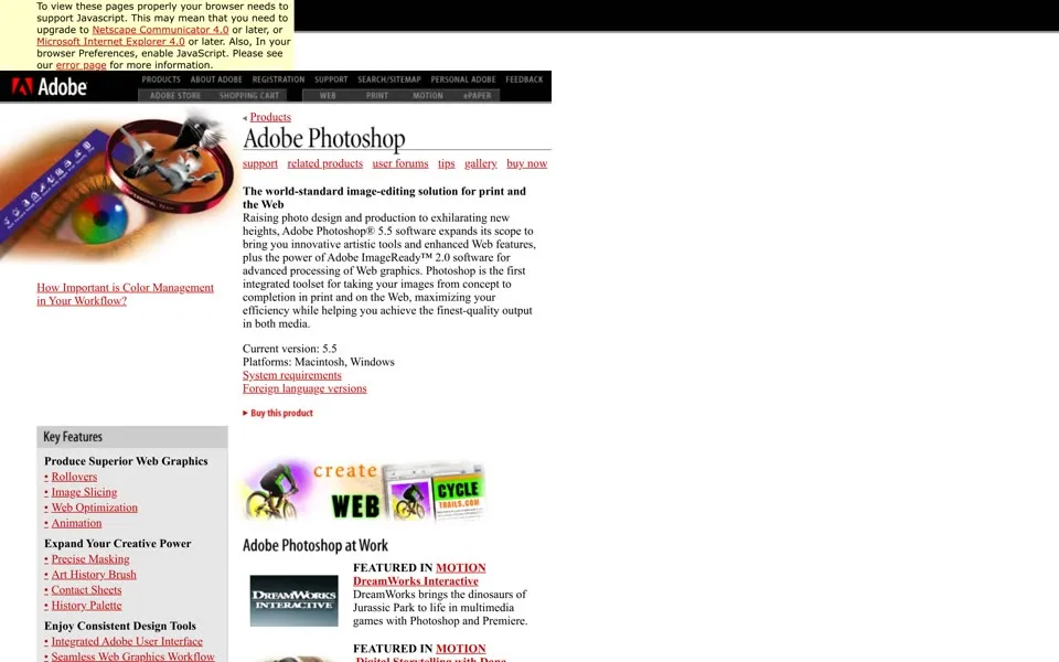 adobe.com Photoshop 5.5 product page, November 28, 1999: “The world-standard image-editing solution for print and the Web” and a browser-upgrade note at the top