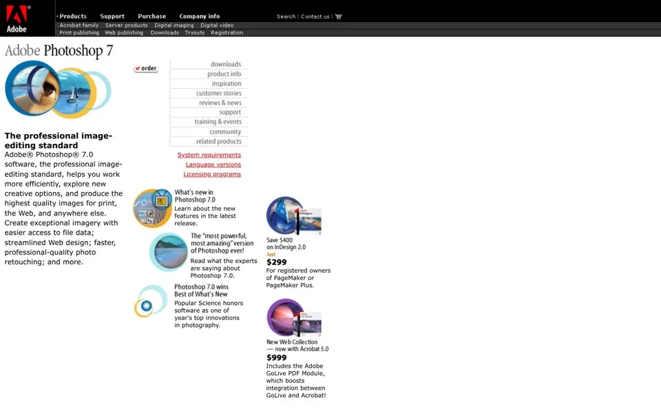 adobe.com Photoshop 7 product page, February 2, 2003: “The professional image-editing standard” with InDesign and Web Collection offers