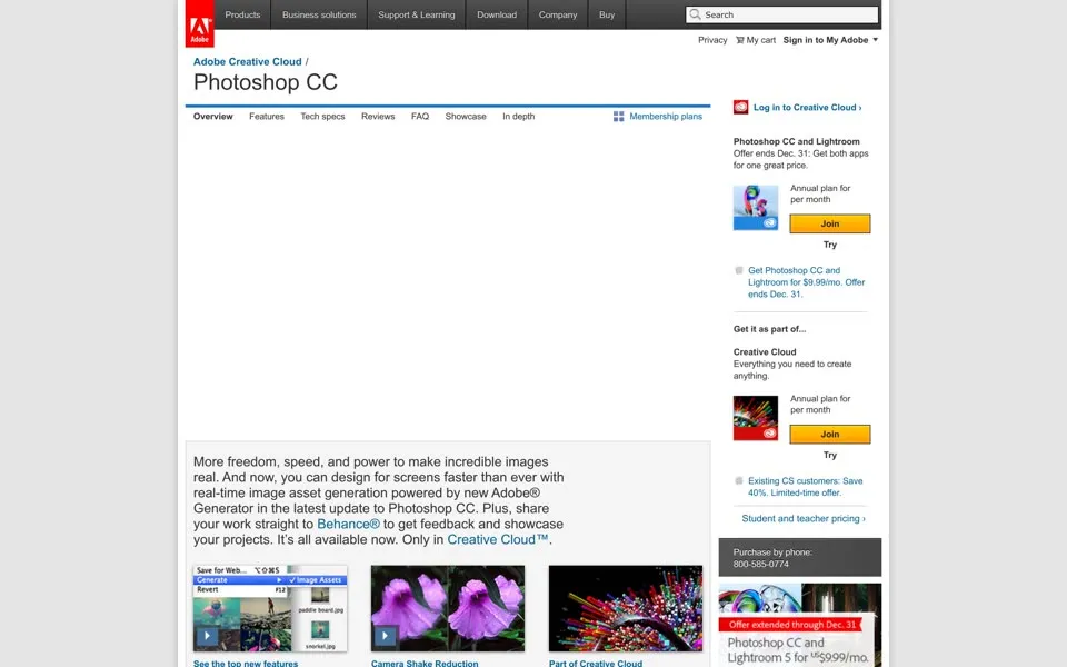 adobe.com Photoshop CC product page, January 1, 2014: “Only in Creative Cloud” and plan offers; the video at the top does not replay