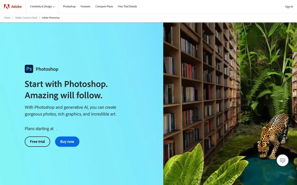 adobe.com Photoshop product page, January 1, 2024: “Start with Photoshop. Amazing will follow.” beside a jaguar in a library; the price after “Plans starting at” is missing in this replay
