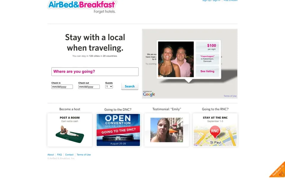 airbnb.com homepage in 2008