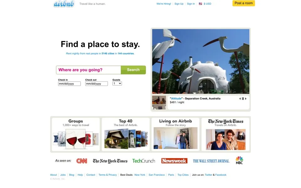 airbnb.com homepage in 2010