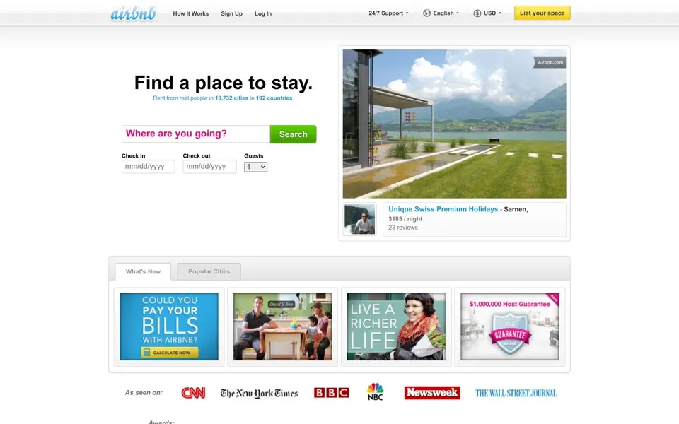 airbnb.com homepage in 2012
