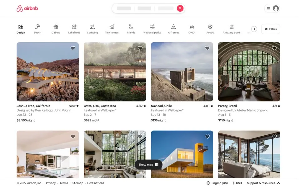 airbnb.com homepage in 2022