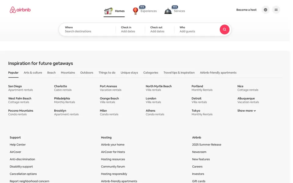 airbnb.com homepage in 2025