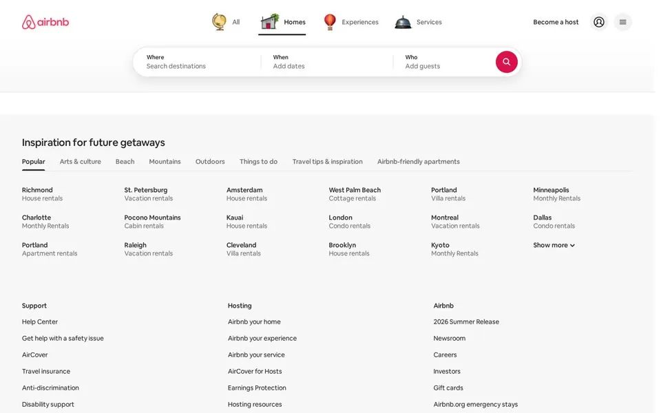 airbnb.com homepage in 2026