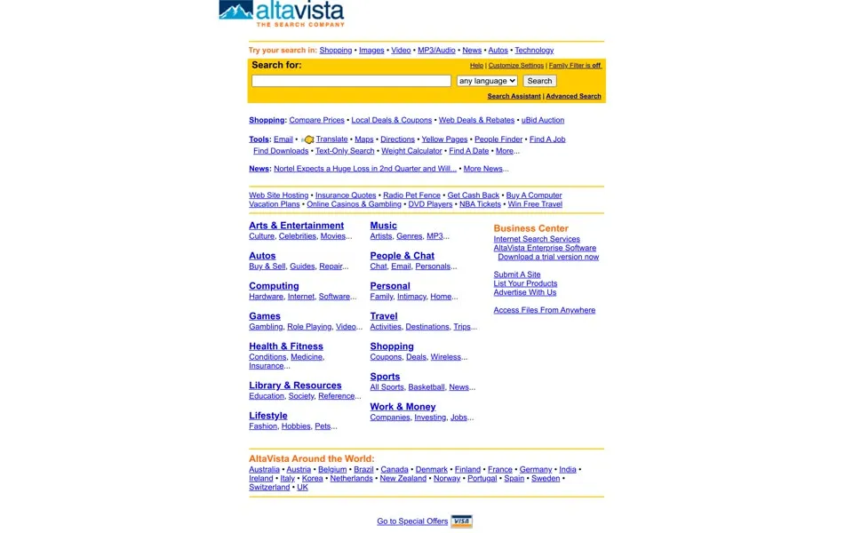 altavista.com homepage in 2001