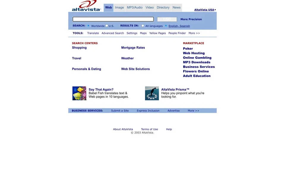 altavista.com homepage in 2003