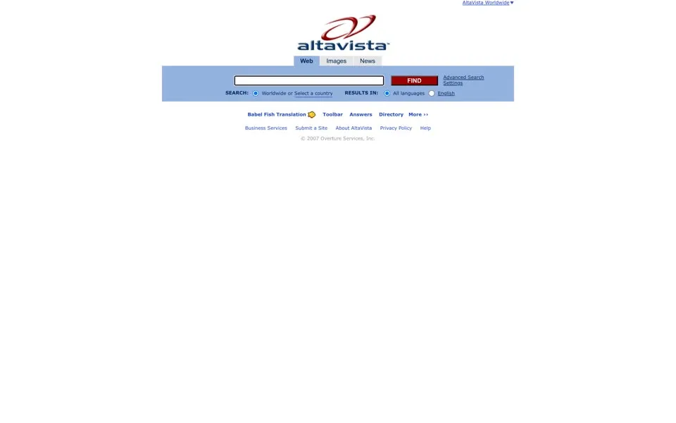 altavista.com homepage in 2010