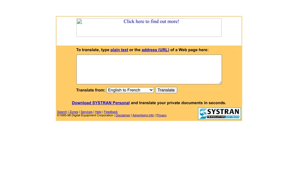 AltaVista Babel Fish translation page, December 12, 1998: a yellow box for text or a Web address and a menu of ten translation directions