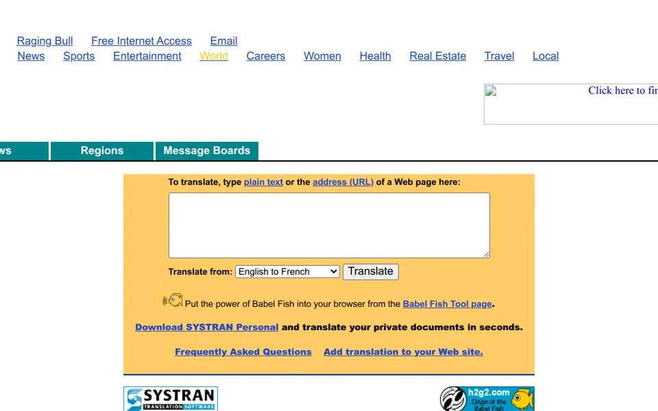 AltaVista Babel Fish translation page, March 1, 2000: the yellow translation box inside the portal's navigation, with Free Internet Access in the top bar