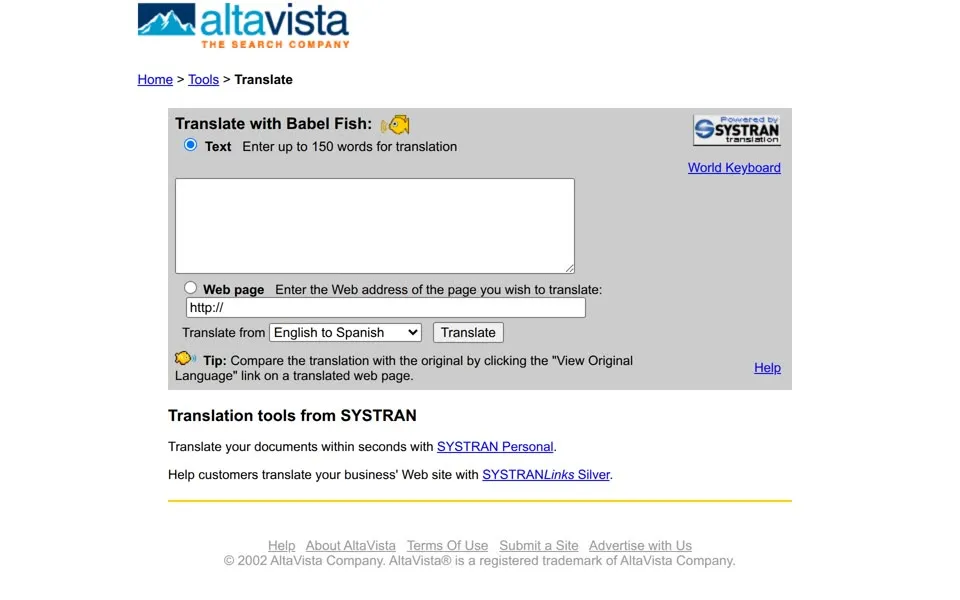 AltaVista Babel Fish translation page, January 22, 2002: a grey box, up to 150 words, under the mountain logo and The Search Company