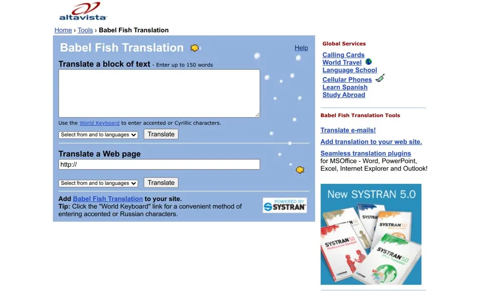 AltaVista Babel Fish Translation page, January 1, 2005: a blue panel with text and Web page boxes and a New SYSTRAN 5.0 ad