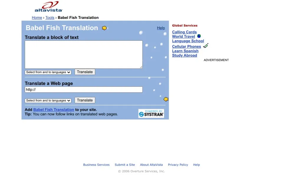 AltaVista Babel Fish Translation page, January 3, 2008: the blue panel with text and Web page boxes and Global Services links