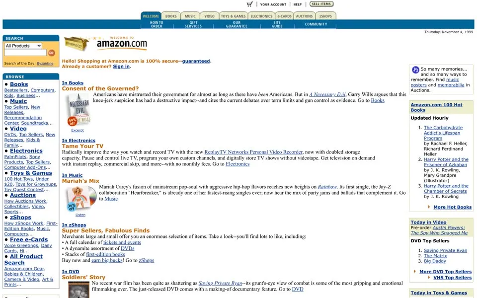 amazon.com homepage in 1999