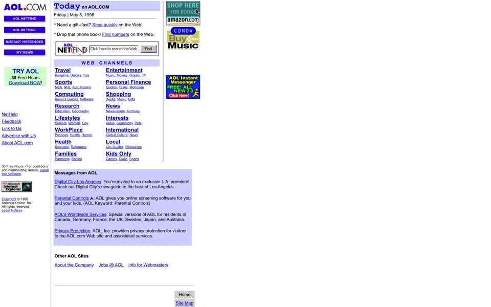 aol.com homepage in 1998