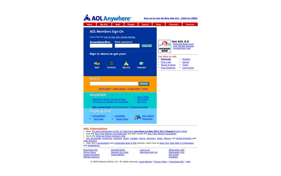 aol.com homepage in 2003