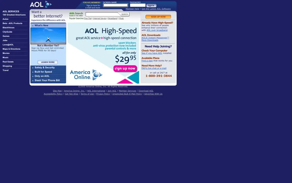 aol.com homepage in 2005