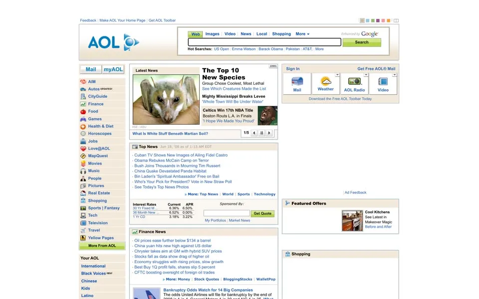aol.com homepage in 2008
