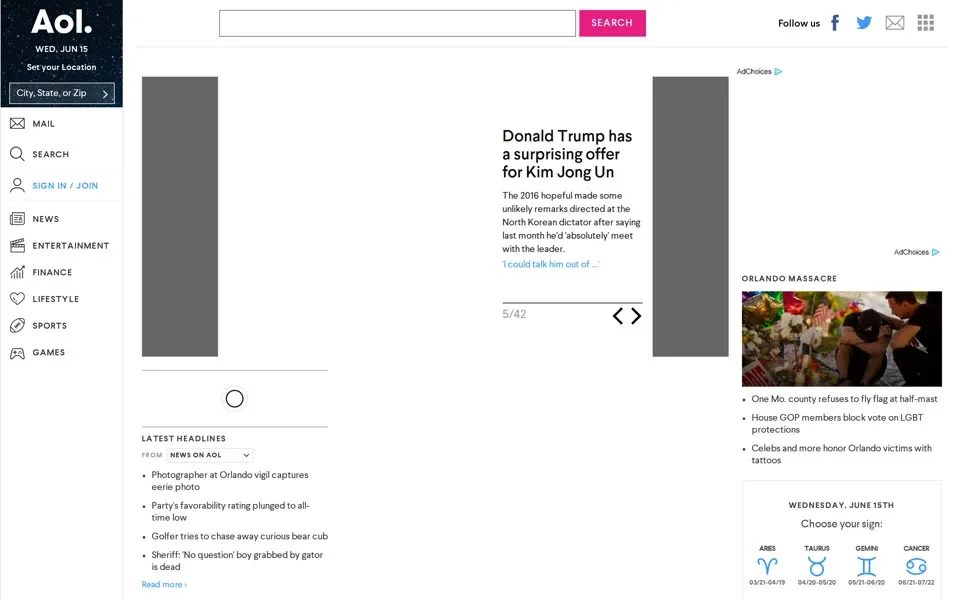 aol.com homepage in 2016