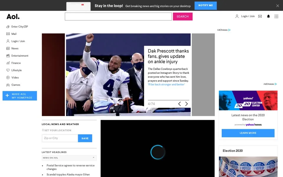 aol.com homepage in 2020