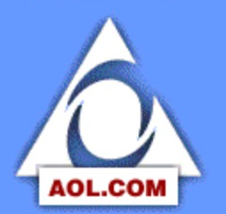 AOL logo on the 1997 aol.com homepage: triangle-and-ring symbol over 'AOL.COM' on a blue text page