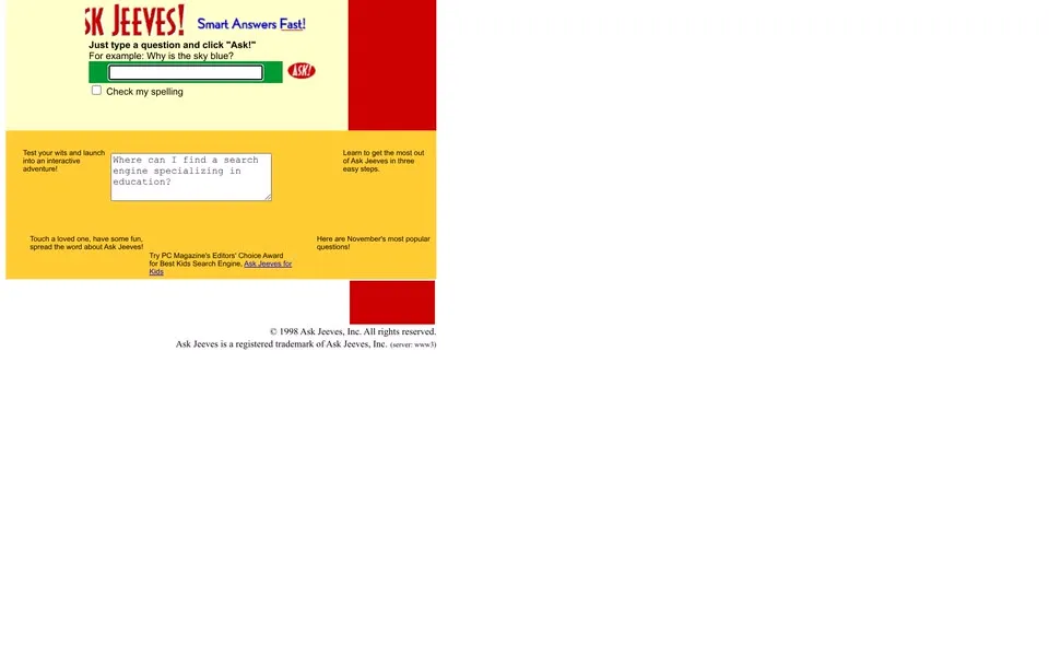 ask.com homepage in 1998