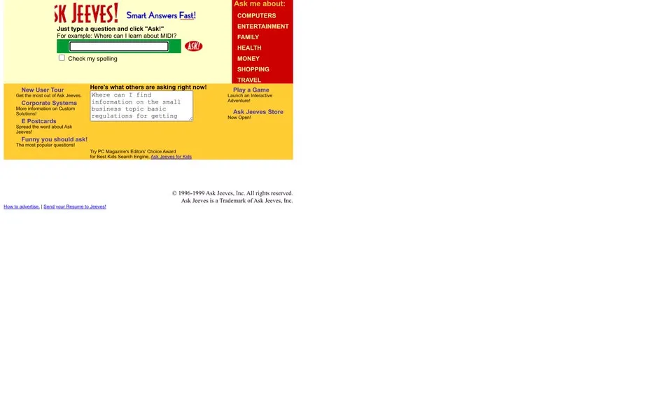 ask.com homepage in 1999