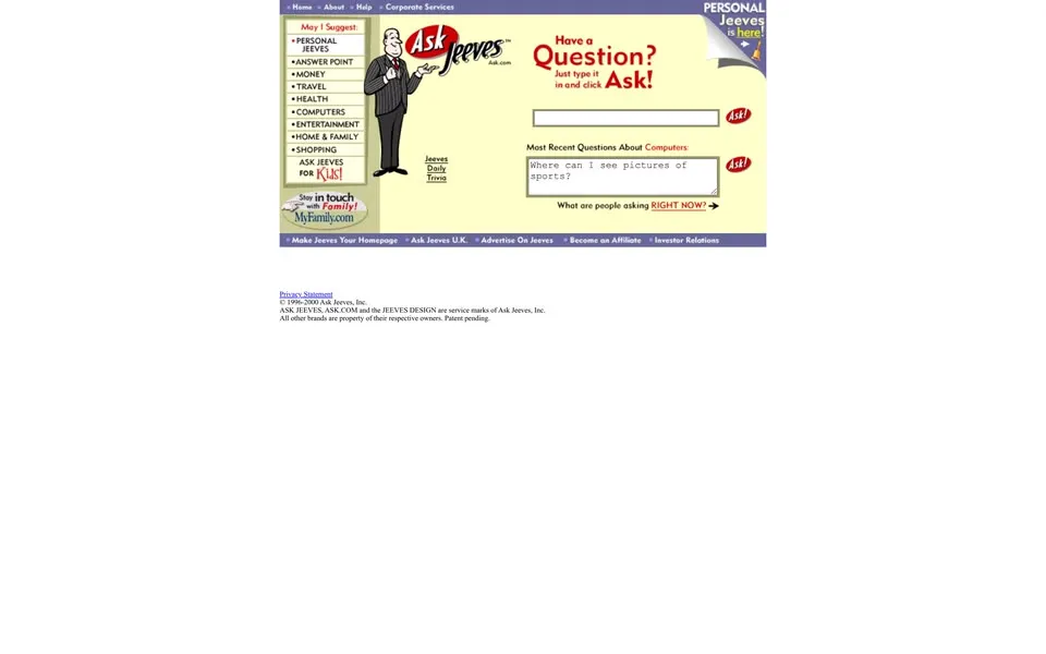 ask.com homepage in 2000